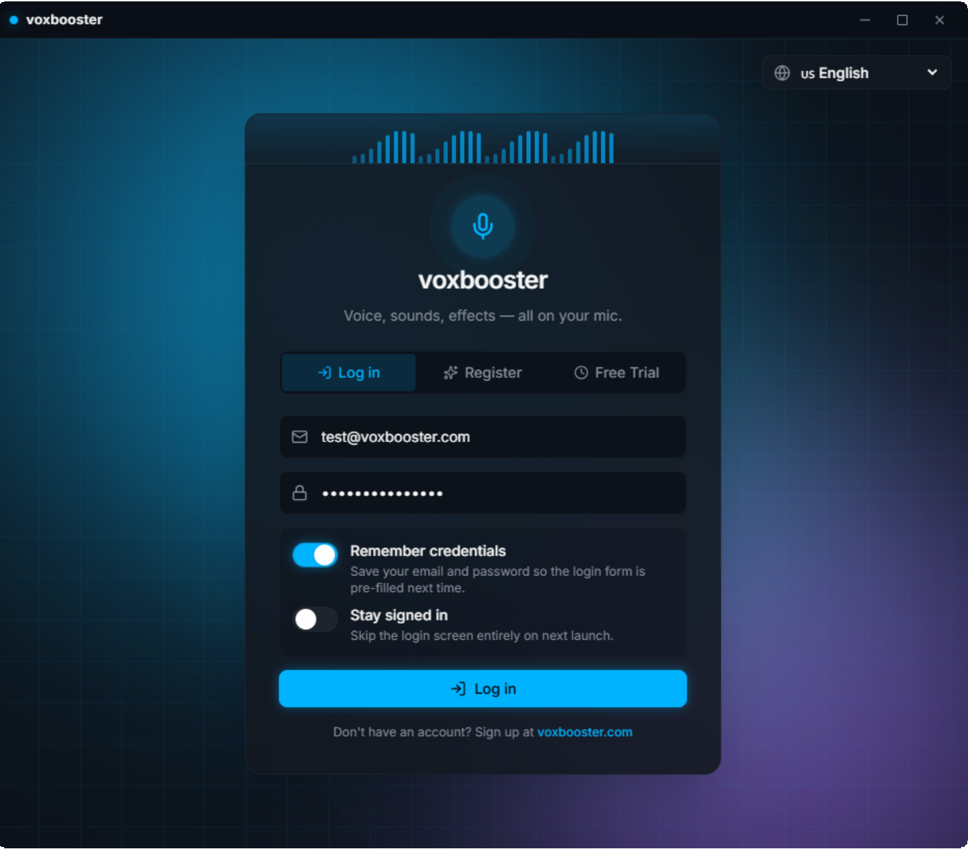 VoxBooster sign-in screen